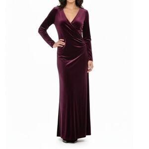 Womens Eliza J Purple Velvet Long Sleeve Ruched Long Dress Size 12 EUC!